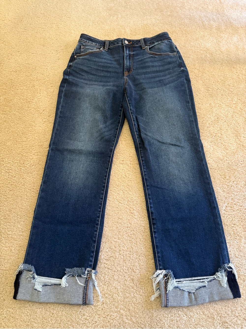 Zenana Outfitters Dark Blue Distressed Cuffed Straight Jeans 30